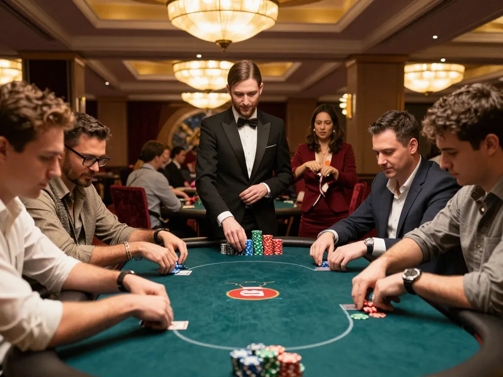 Poker players intensely strategizing their bets at a high-stakes table in a premium casino setting with 99ok