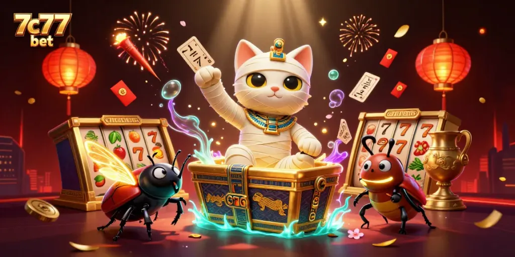 Engage in thrilling gaming action with 7c77 bet featuring vibrant casino symbols and characters.