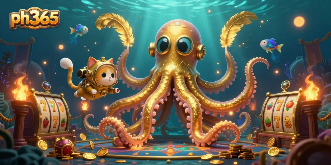 Experience the thrilling ph365 casino atmosphere with a kraken and diving cat in a rich underwater scene, bursting with gaming elements.