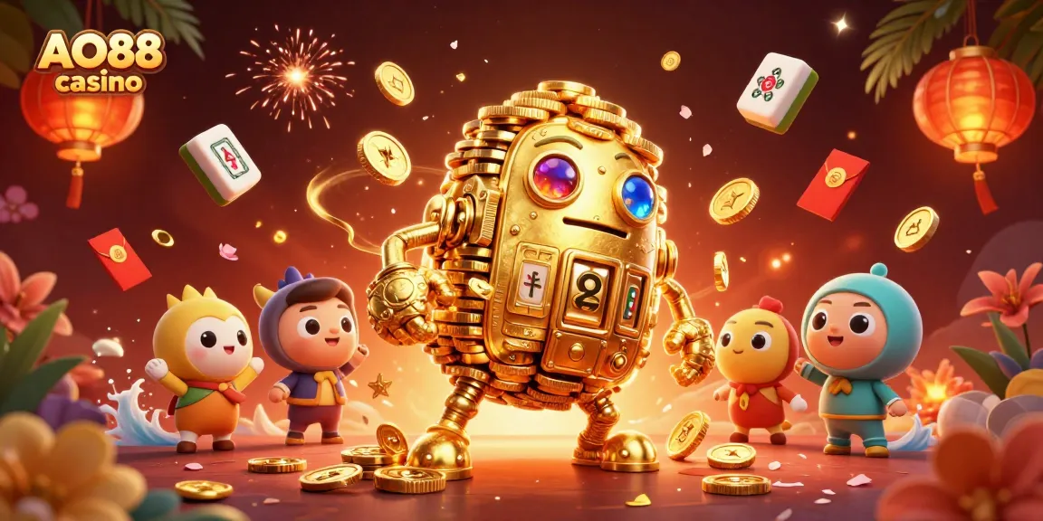 Engage with the AO88 casino promotions through a vibrant 3D illustration of a golden golem surrounded by lucky symbols.