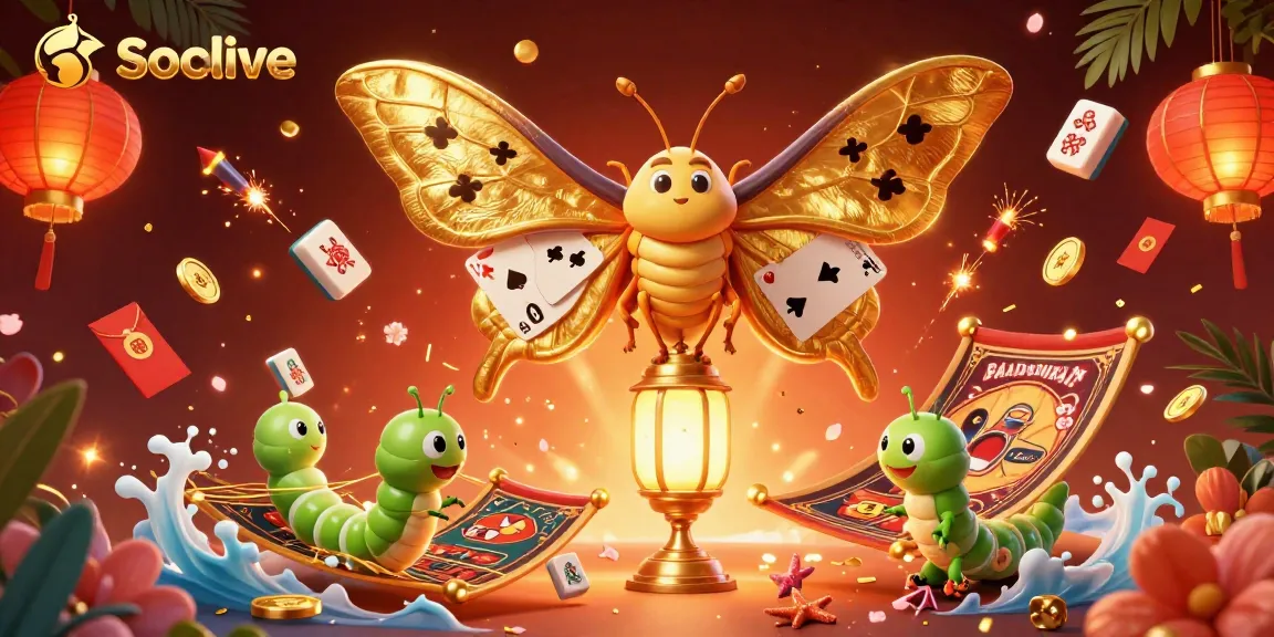 Socolive showcases an ultra-detailed 3D moth illustration amidst vibrant casino-themed elements, symbolizing thrilling gaming.