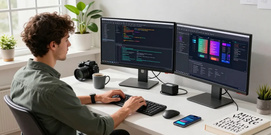 Download Telegram on a modern tech workspace with a developer coding and using multiple monitors.