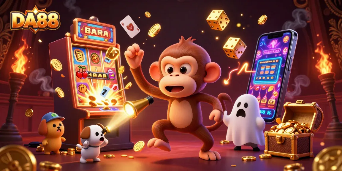 Experience the thrilling casino magic of DA88 with a playful poltergeist monkey juggling golden treasures.