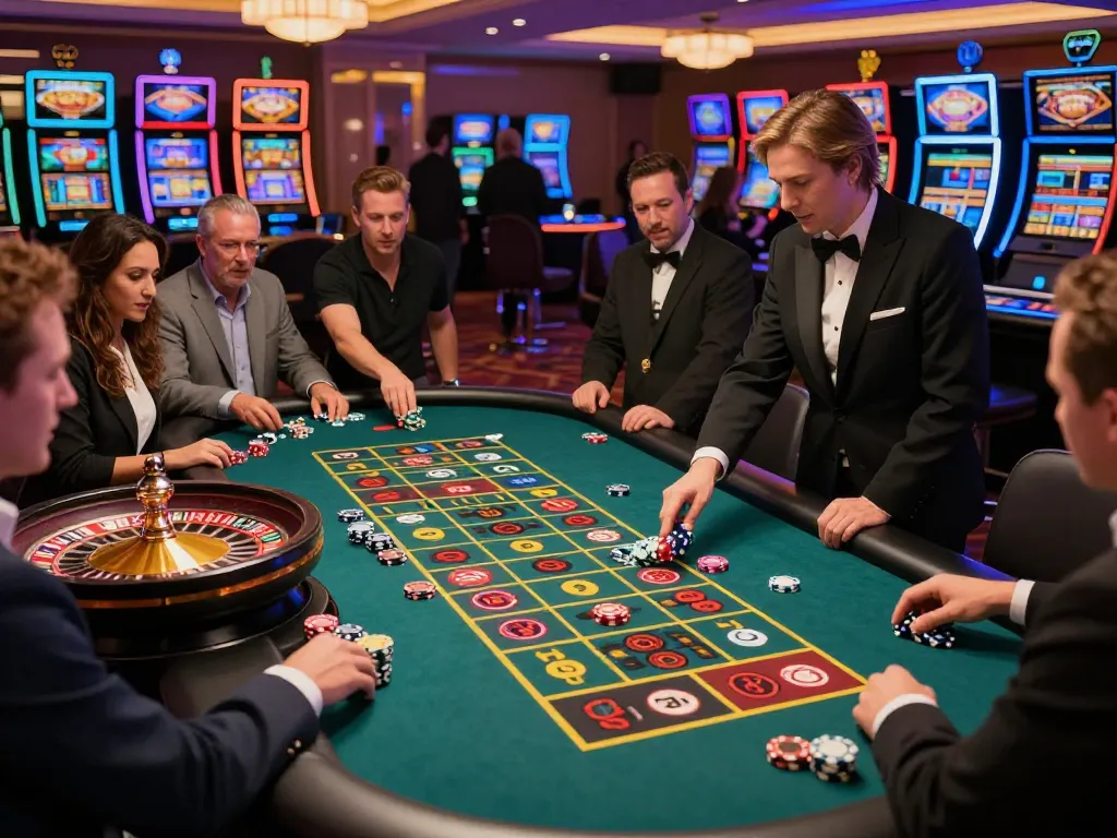 Players engaging intensely at cm88 roulette table, vibrant chips and exciting atmosphere