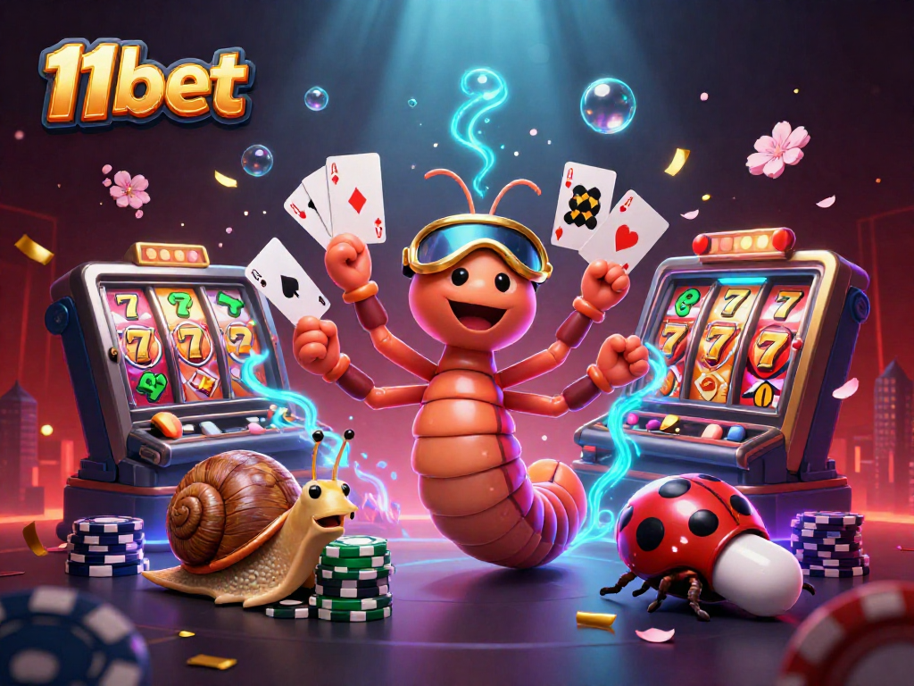 Experience thrilling games at 11bet with a cartoon millipede dealer and vibrant casino elements.