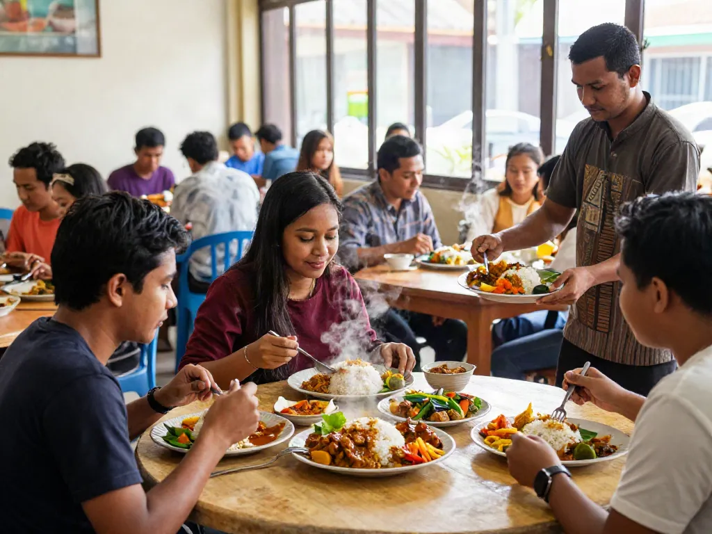 rokok88 restaurant scene with diners enjoying authentic Nasi Kandar, showcasing vibrant dishes and welcoming atmosphere.