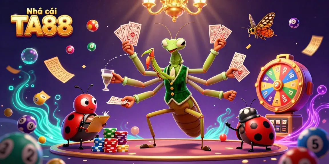 Engage with Nhà cái TA88: Animated mantis card sharp and vibrant casino elements create a lively gaming scene.