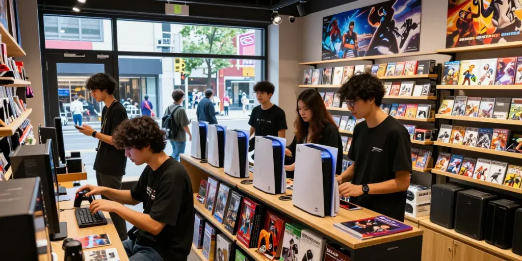 rokok88 gaming merchandise shop with vibrant displays and consoles in an urban setting