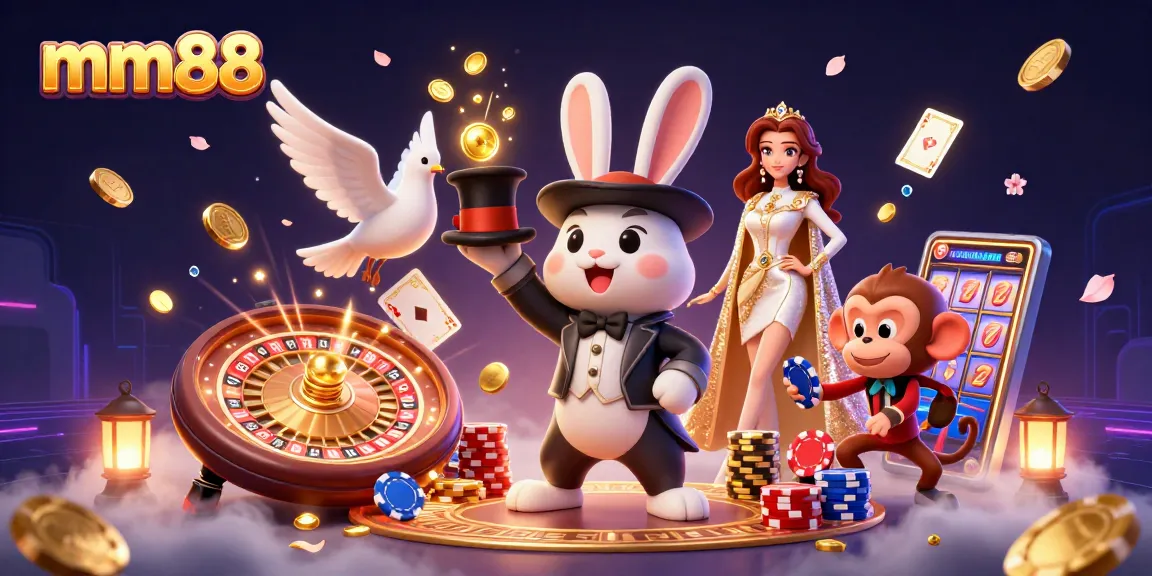 mm88 illustration depicting a magician rabbit, dove, and monkey amidst casino elements for an engaging gambling experience