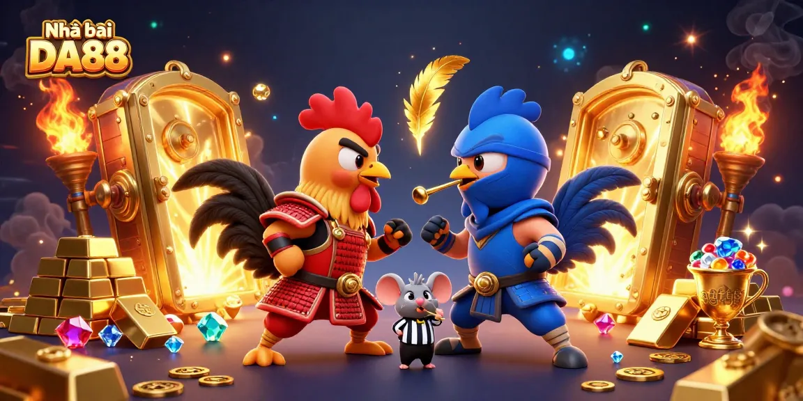 Engage in thrilling action with the dynamic scene featuring Nhà cái DA88's fighting roosters in a fantasy casino.