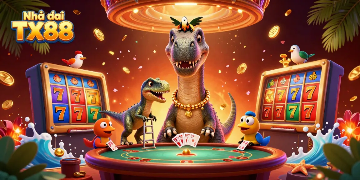 Engage with Nhà cái TX88 at an exciting 3D casino scene featuring a playful brontosaurus and raptor dealer.