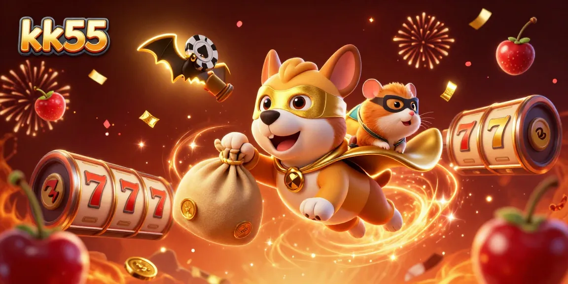 Engage in thrilling jackpots and wins with kk55 in this vibrant 3D casino illustration