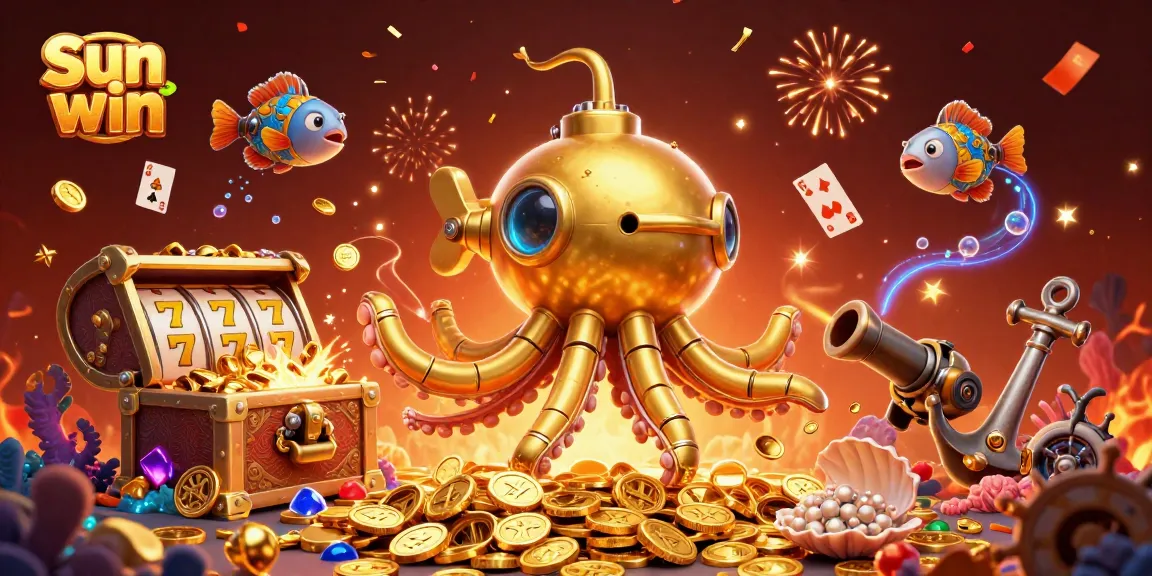 Experience vibrant excitement at Sun win with a golden kraken and treasure in this 3D casino scene.