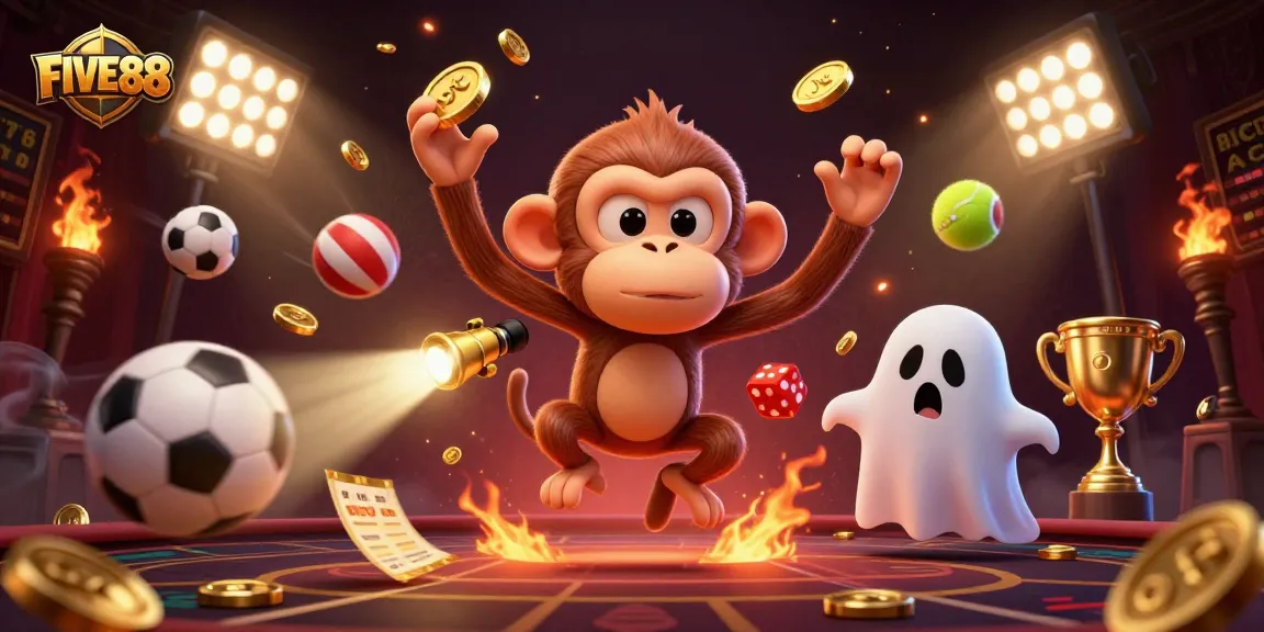 Experience thrilling moments at FIVE88 with a mischievous monkey and adventurous puppy in a dynamic casino setting.