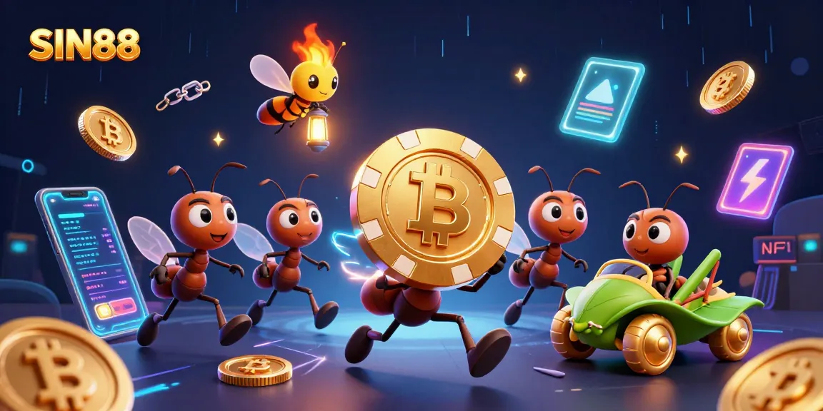 SIN88 showcases a vibrant heist scene with cartoon ants carrying a golden poker chip, surrounded by glowing crypto coins.