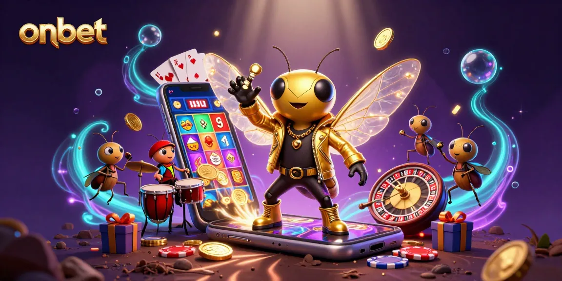 Join the onbet casino excitement with a vibrant scene showcasing a rock star cicada and lively game elements.