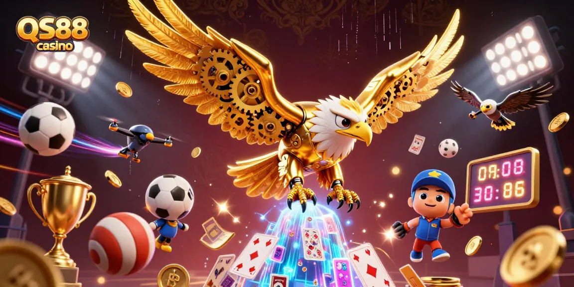 Experience the excitement of QS88 casino with dynamic elements and a soaring eagle in this vibrant illustration.
