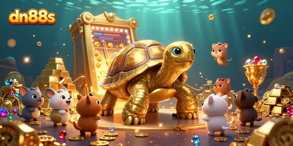 Experience the excitement of dn88s with a playful golden tortoise in a vibrant casino scene.