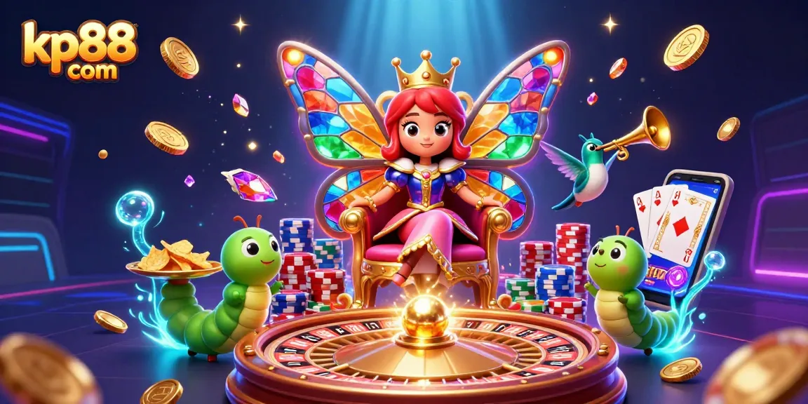 Engage with kp88 com's vibrant casino scene featuring a butterfly queen amidst cascading coins and roulette wheels.